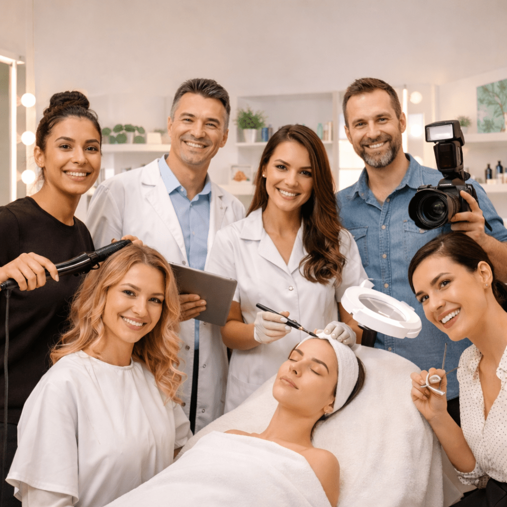 Équipe de professionnels de la beauté réunis dans un institut, incluant maquillage permanent, coiffure et esthétique, travaillant ensemble autour d’une cliente.