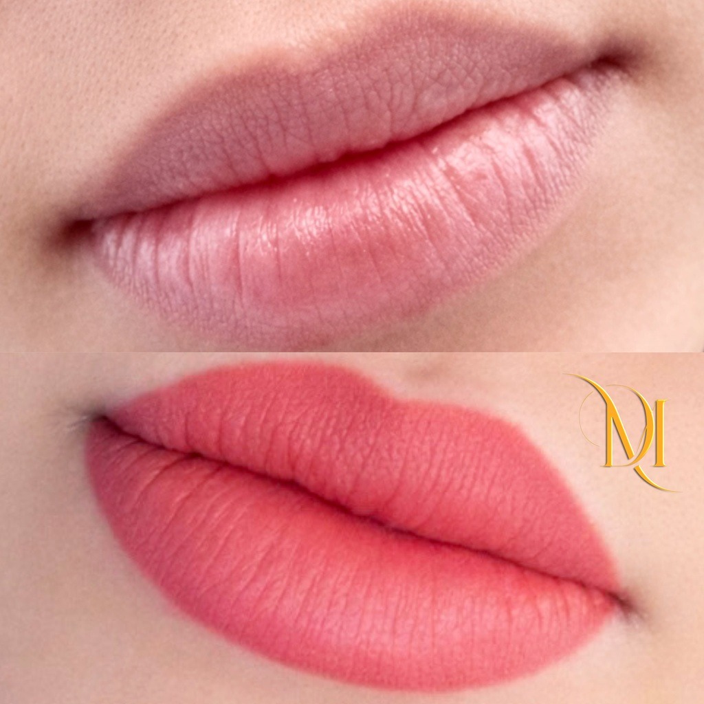 Comparaison avant et après maquillage permanent des lèvres, montrant une couleur plus uniforme et des contours redessinés.